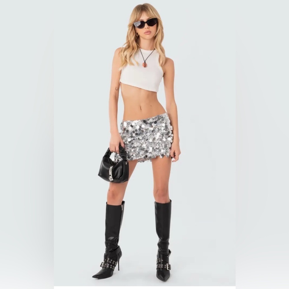 Edikted Sabrina Silver Sparkling Low Rise Mini Skirt NWT- Size Small